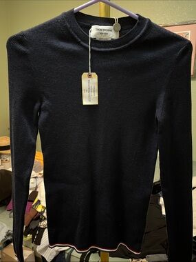 NWT Thom Browne Navy Crewneck Sweater with Red & White Hem Trim Sz Eu 40 Womens